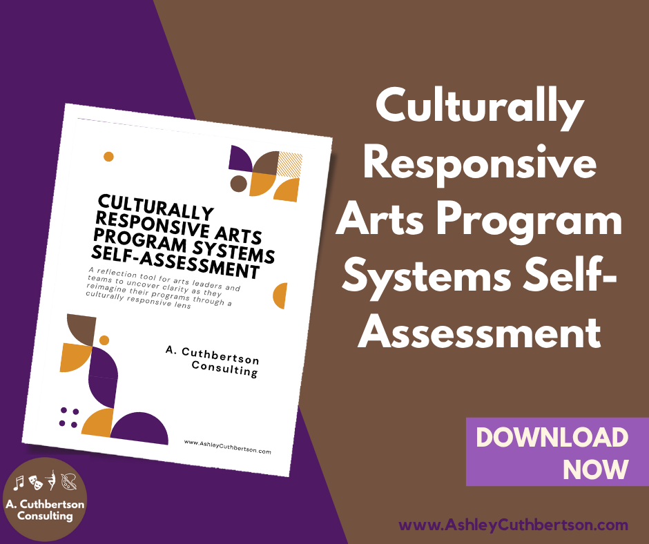 Screenshot of the Culturally Responsive Arts Program Systems Self-Assessment Tool, a reflection resource for arts leaders and teachers. The tool includes four focus areas: Mindset and Orientation for Equity in the Arts, Learning Environment and Program Culture, Content, Curriculum and Instructional Practices, and Systems and Sustainability. Designed to help arts educators diagnose strengths and gaps before prescribing professional development.